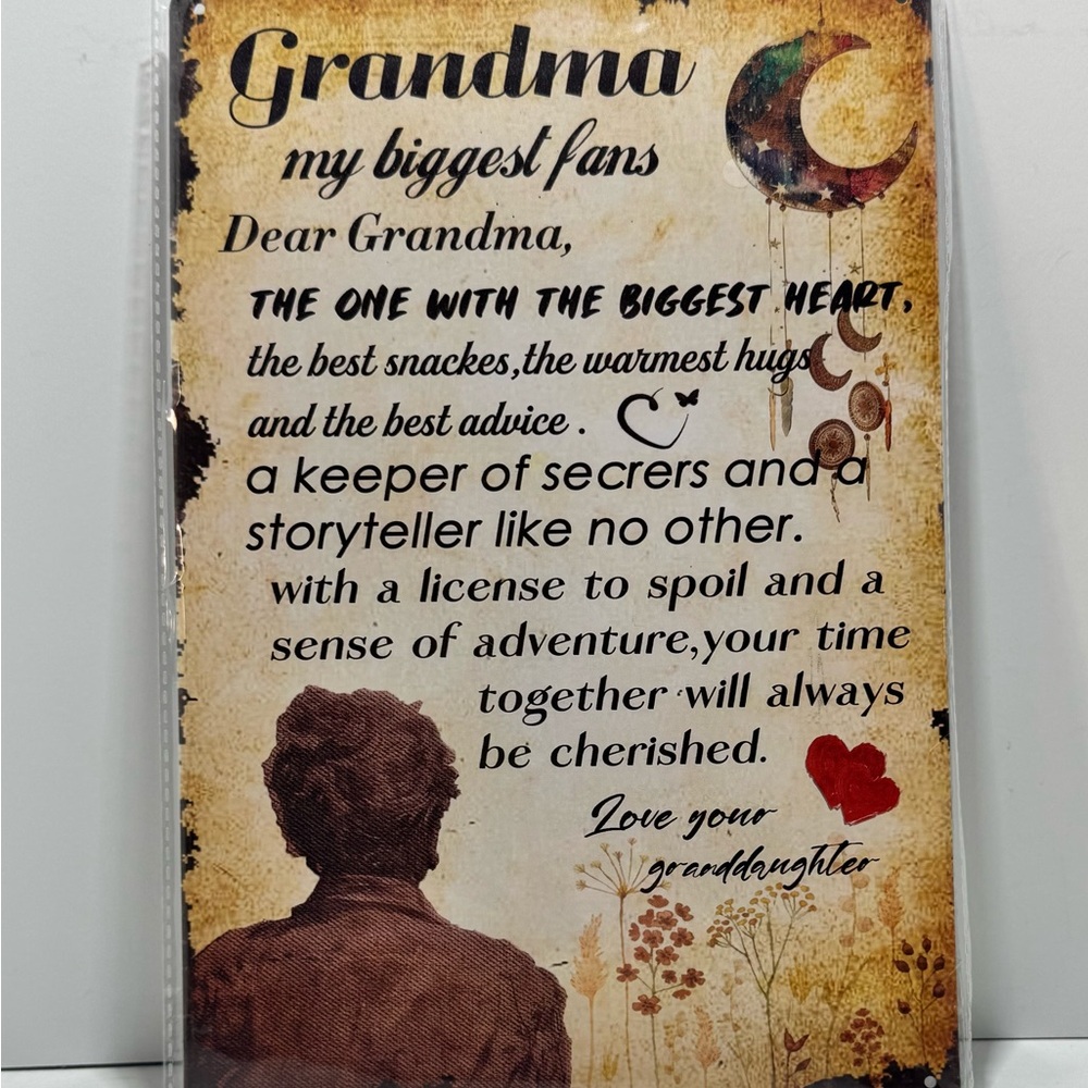 Grandma Sentiment Metal Plaque with Heart and Moon Design